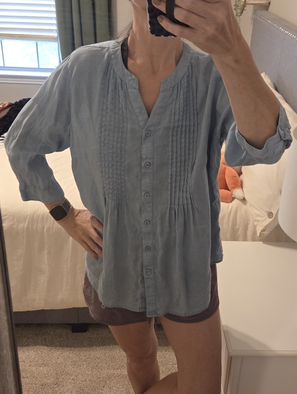 Linen Button Down Pintuck Blouse - Picture 8 of 13